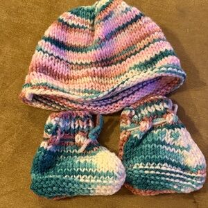 Multicolor Striped Baby Knit Hat and Booties Set